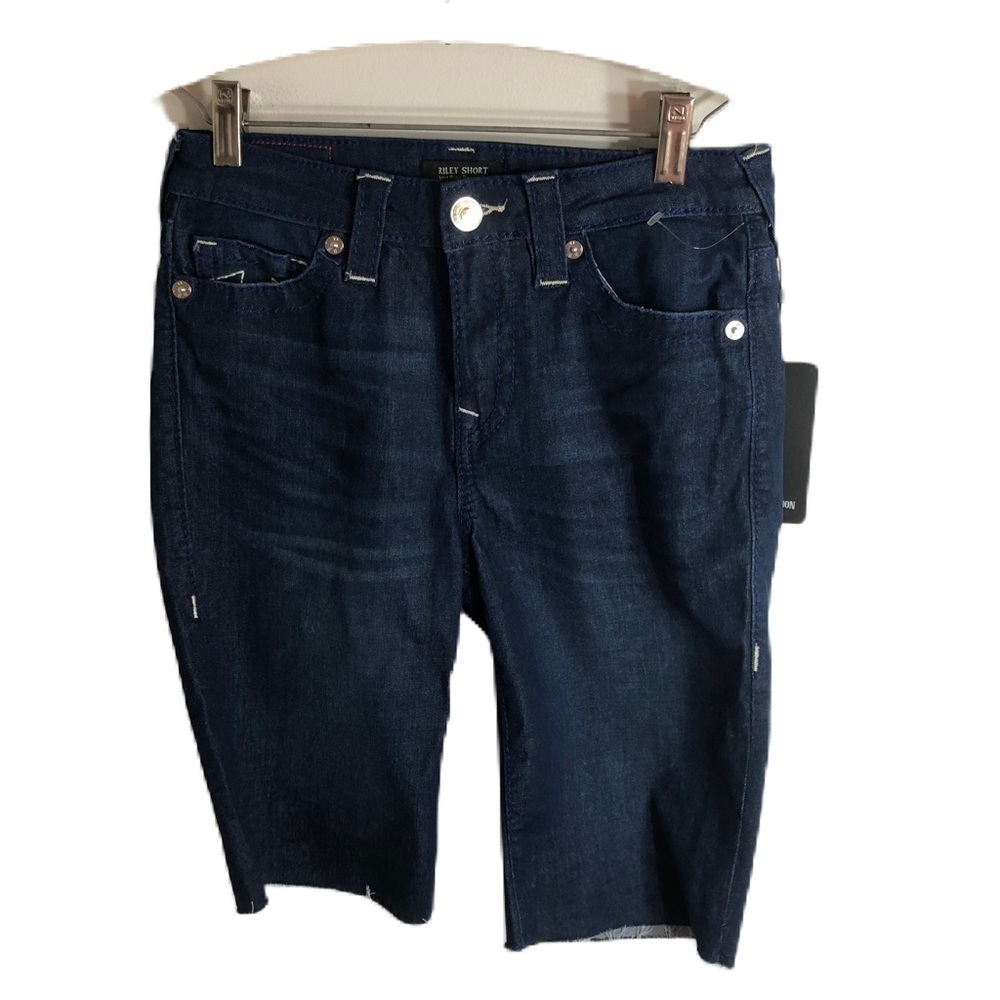 True Religion Riley Shorts Mid Rise Bermuda NWT Sz 28 Dark Moonstone Denim Blue